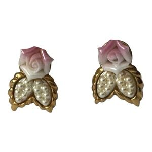 Avon 1991 Pink Porcelain Rose Blossom 1" Goldtone‎ Stud Earrings